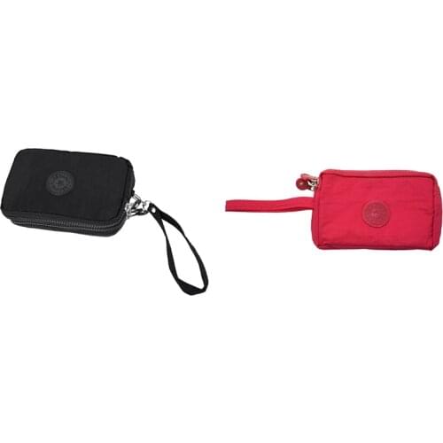 2 Pcs Women Small Wallet Washer Wrinkle Fabric Phone Purse Three Zippers Portable Make Up Bag Rose Red & Black