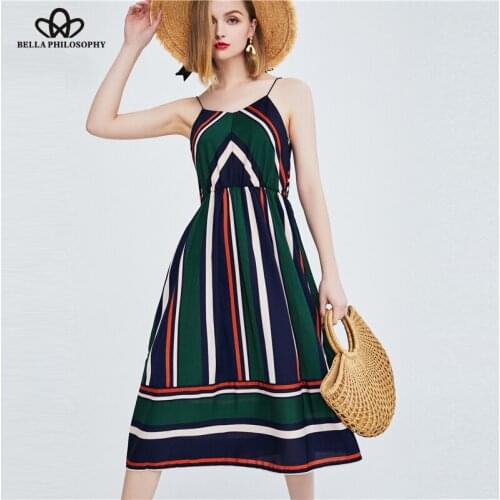 Bella Philosophy Casual Striped Beach Dress Women Sexy Sleeveless Spaghetti Strap Midi A Line Party Dress Vintage Holiday Dress