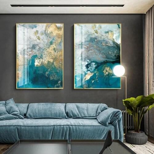 Modern Style Canvas Painting Abstract Watercolor Blue Yellow Creative Poster and Print for Gallery Hotel Office Wall Decoration