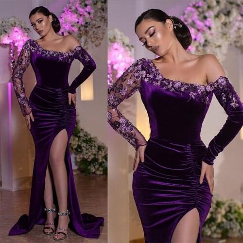 Arabic Mermaid Evening Dress Long Sleeve Side Split Morocco Kaftan Soft Velvet Prom Dresses Applique Women Party Gowns