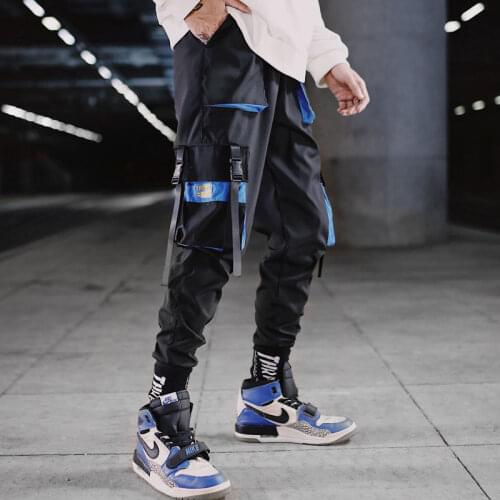 Men spring autumn ribbons pockets patchwork cargo pants mens punk hip hop streetwear joggers casual sweatpants