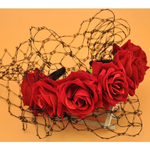 European Black Face Veil Flower Hairbands Women Big Red Rose Headband Women Costume Fancy Show Party Hairband Hair Accessories