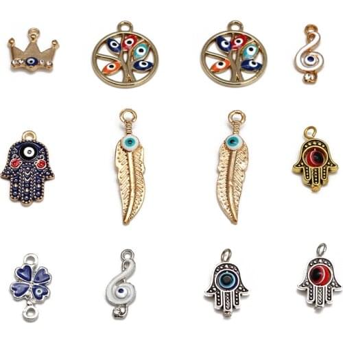 Meibeads 10pcs/lot Alloy Evil Eye Pendant For Making Turkish Jewelry Crown Music Hand Lucky Grass Feather Diy Bracelet Necklace