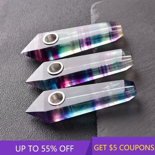 AAA Natural Rainbow Fluorite Quartz Crystal Point Wand Smoking Pipe Reiki Healing Stone Mineral Rock Obelisk Pipes W/ Carb Hole