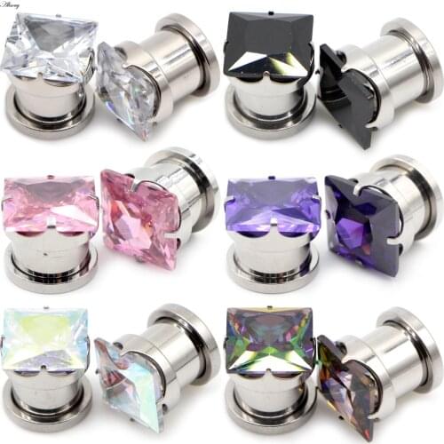 Alisouy 2pcs Stainless Steel Square Zircon CZ Screw Ear Gauges Plugs Tunnel Expander Earring Stretcher Piercing Body Jewelry