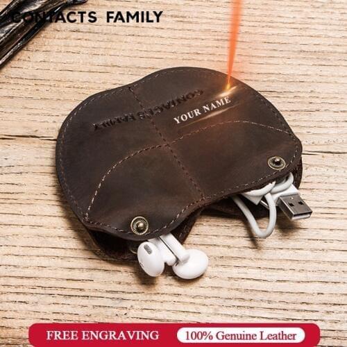 Earphone Organizer Wrap Real Leather Headphone Holder Cord Organizers Cable Keeper USB Charger Roll-up Cords Managerment Travel