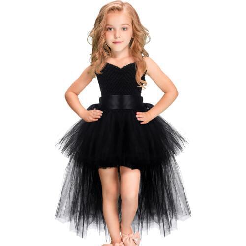 Black Girls Tutu Dress Tulle V-neck Train Girl Evening Birthday Party Dresses Kids Girl Ball Gown Dress Halloween Costume 1-14YY