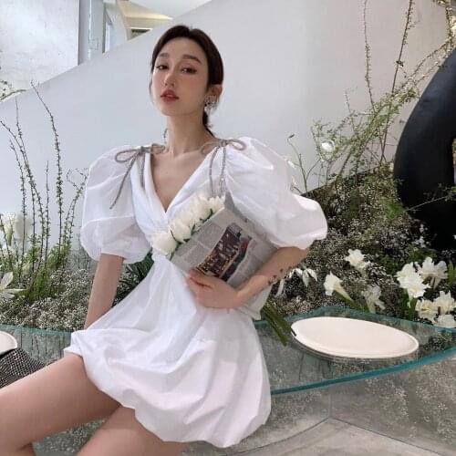 White Dress Women Summer Slimming Style V-neck Waist Hugging Puff Sleeve Shirt Dress Women H0438