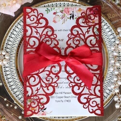 Red Spring Flower Print Laser Cut Invitations for Wedding with Red Ribbon Gold Silver Champagne Blue Sweet Sixteen Invites 50pcs