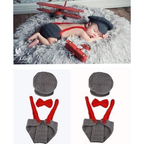 Grey Hat + Short Pilot Aviator Set Design Newborn Baby Handmade Beanies Cartoon Costume Knitted Crochet Photography Props