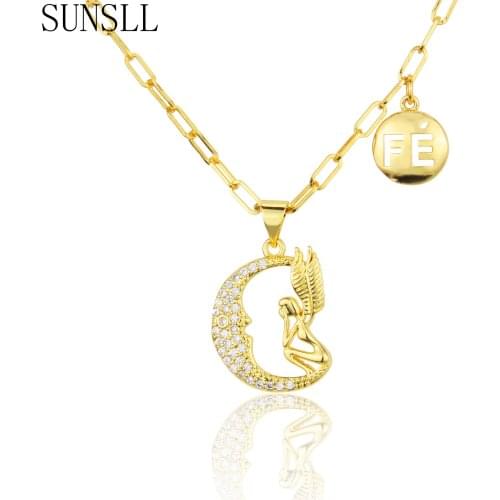 SUNSLL New Arrival Exquisite Jewelry Girl&Moon Combination Tag Pendant Necklace For Women Winter Fashion Party Sweater Gifts