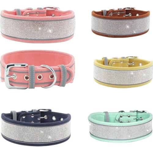 Reflective Pet Dog Collar Rhinestone Adjustabel Suede Mascotas Accessories for Small Medium Dogs Chihuahua Puppy Cat Collars