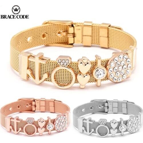 Sonykifa Jewelry Crystal Arrow Infinity Love Slide Charms Keeper Fine Bracelets Stainless Steel Mesh Bracelets as Women Gift