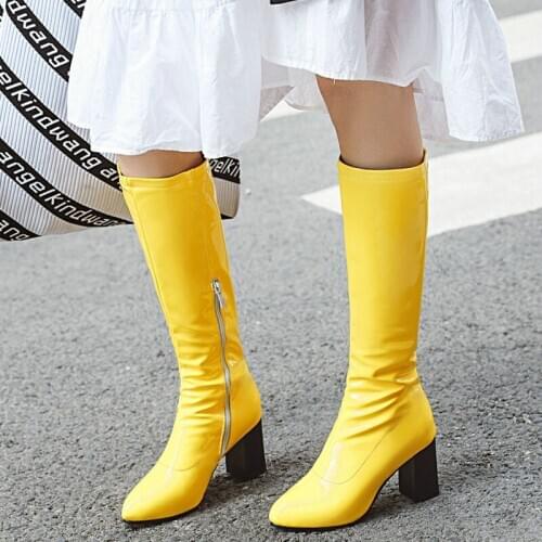 New Fashion Gorgeous Colorful Boots Women Spring Winter Elegant Zipper High Heels Mid Calf Women Boots Shoes Ladies Plus Size 46