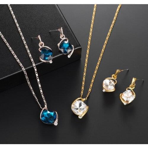 Women Square Rhinestone Pendant Necklace Ear Stud Earrings Party Jewelry Set