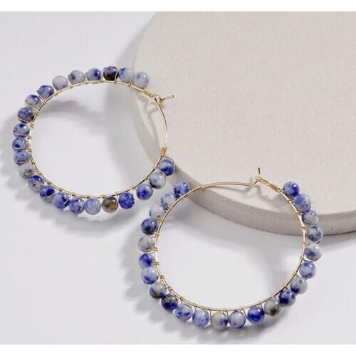 Blue natural stone beads wrapped hoop earrings trendy women jewelry circle earring