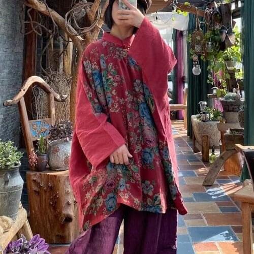 Johnature Women Vintage Patchwork Shirts Cotton Linen Chinese Style Blouses Stand Long Sleeve Spring Top Women Clothes