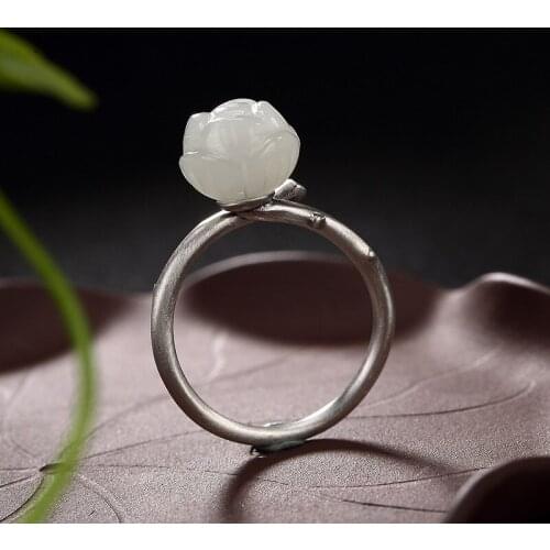 New Arrival silver S925 pure silver retro natural Hetian jade white jade inlaid lady rings ring wholesale