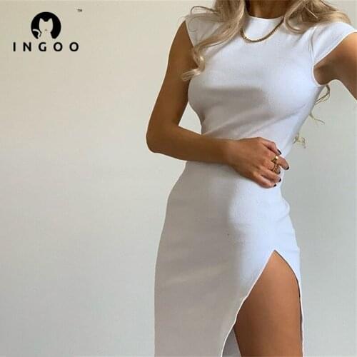 INGOO Short Sleeve Bodycon Ribbed Dress Women Solid Simple Style Split Tight Commuter Elegant Sundress Casual Office Mini Dress