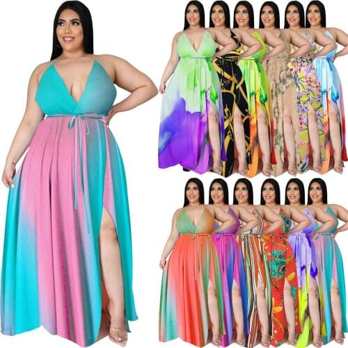 Bohemian Maxi Dress Women Plus Size Floor-length Outfits Sexy Halter Sleeveless Backless Lace-up Split Printing Charming Dresses