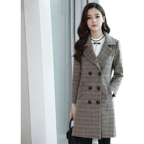 Womens Wool Blends Coats 2021 Slim Winter Autumn Fashion Elegant Turtleneck Plaid Single breasted Long Woolen Outerwear Female