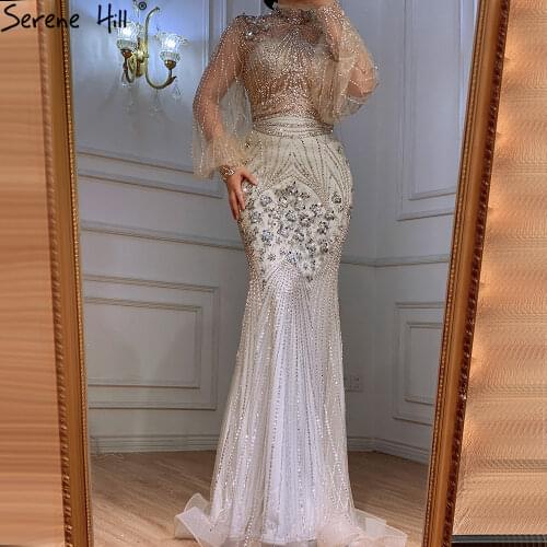 Silver Mermaid Luxury Evening Dresses Gowns Long 2021 Full Sleeves Beading Elegant For Women Party BLA71036 Serene Hill