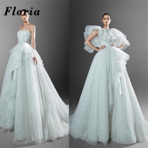 2021 Mint Green A Line Wedding Dresses Sexy Strapless Lace Bridal Gowns Puffy Tiered Bride Dress Vestido De Noiva Middle East