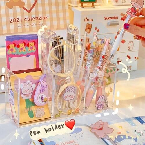 Acrylic Cute 3 Grid Pen Holder 1PC DIY Sticker Multifunctional Desktop Organizer Makeups Storage Box School Stationery