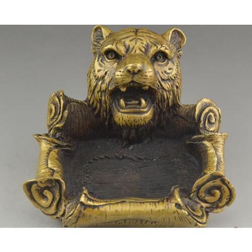 Antique QingDynasty copper sculptuer Leopard head ashtray,mhand-made crafts,,Collection&Adornment,Free shipping