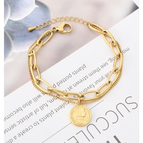 316L Stainless Steel 2 Layer Vintage Double Sided Queen Coin Charm Thick Chain Bracelets For Women Fashion Trend Fine Jewelry
