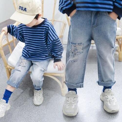 Childrens Denim Pants Fashion Childrens Broken Hole Pants Baby Boys and Girls Ripped Jeans Kids Trousers Child Cowboy Trousers