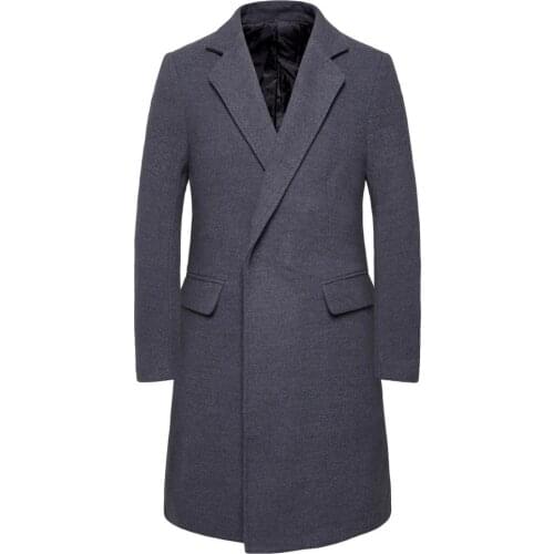 Fad Autumn Winter Jacket Men Woolen Coat Single Button Slim Fit Long Male Windbreaker Suit Collar Grey Woolen Jacket