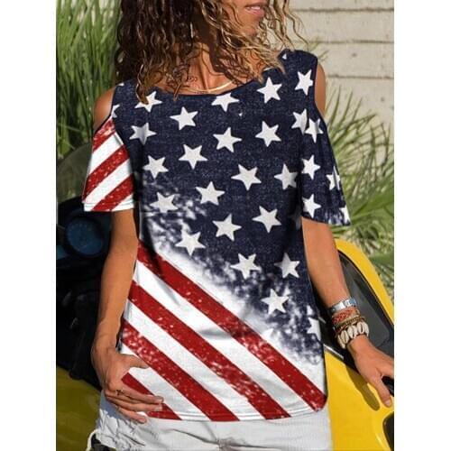 Zoctuo 3D Tshirt 2020 New USA Flag T Shirt Women Sexy Off shoulder sleeve Print Star Striped American Flag Women T-shirt Summer