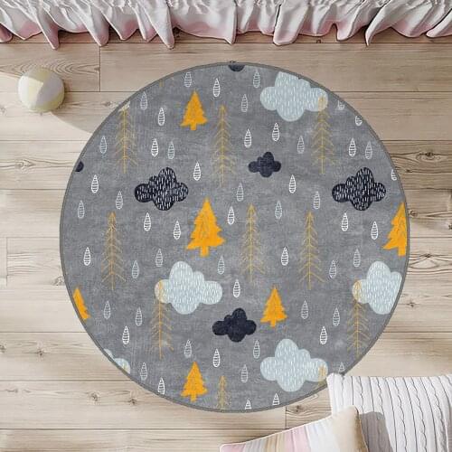 Gri Yuvarlak Çocuk Odası Halısı yağmur ağaç bulut turuncu beyaz siyah