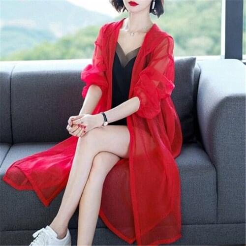 Summer Thin Long Jacket Women Cardigan Hooded Sunscreen Coat Plus Size Perspective Casual Beach Chiffon Shirt Ladies Tops Y709