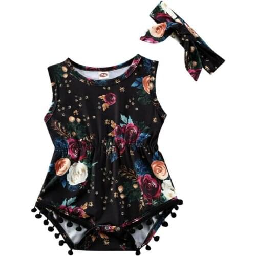 Baby Summer Clothing Infant Newborn Baby Girl Tassel Baby Boy Floral Bodysuit Bow Headband Black Floral 2Pcs Set 0-24M