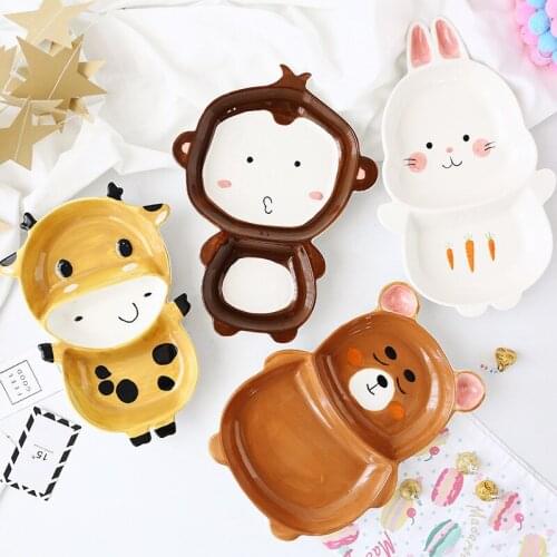 Cute Ceramica Plates Glazed Creative Hand Painted Bowl Spoon Set Breakfast Steak Childrens Fruit Plate Animal Dish Cutlery