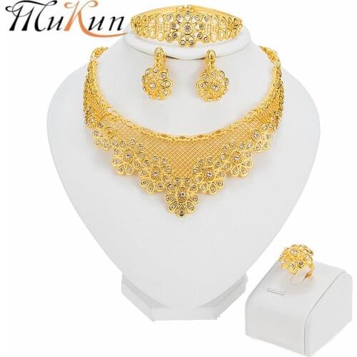 MUKUN African Wedding Jewelery Set For Women Flower Shaped Jewelry Necklace Ring Bracelet Earrings Dubai Bridal Gold Color Set