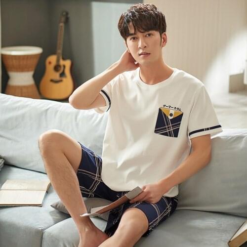 Mens pajamas summer new cotton short sleeve thin casual young and middle-aged mens simple loose large size home suit