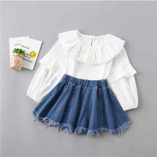 0-6 years high quality girl clothing set 2019 new spring fashion tiered ruched solid shirt + denim skirt kid children clothing