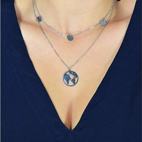 Women Necklace Round Hollow Double Layers World Map Necklace Fashion Travel Lover Earth Day Gift Fashion Jewelry