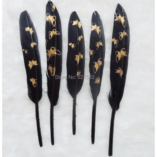 Veren!Black Duck Cocottes Feather with Gold Butterflies Painted,Butterfly Painted Craft feathers,Perfect for Millinery,50pcs/lot