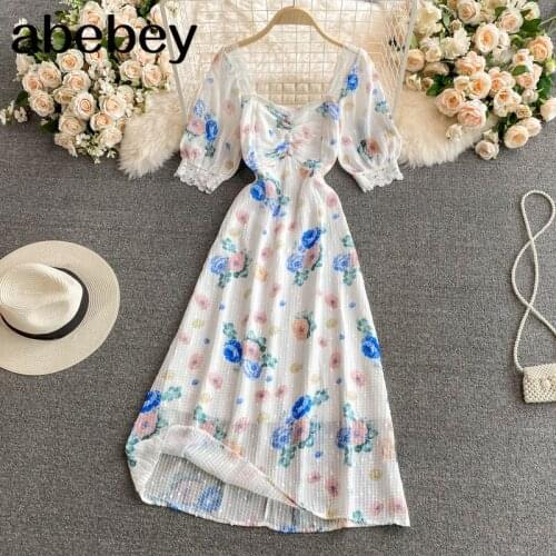 2021 New Summer French sweet square collar puff sleeve Dress high waist pleated lace patchwork mid-length A-line Dress