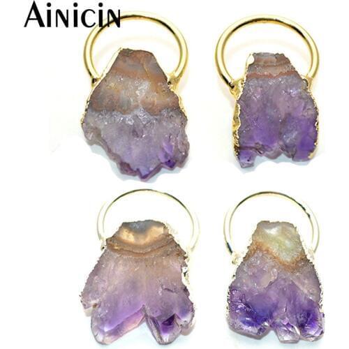 1pc Natural Purple Druzy Crystal Fan Shape Pendants Gold Silver Plating Big Circle For Fashion Earrings Necklace Making Findings