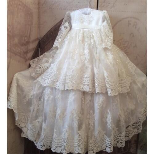Long Sleeve Vintage Lace Sequin Baby Girls Baptism Dress Infant Girls Christening Gown Lace Beads Baptism Dress Custom