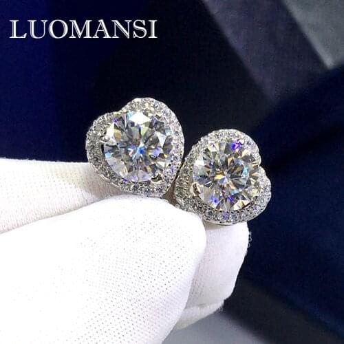 Luomansi 6.5MM Moissanite Heart-shaped Stud Earrings Passed the Diamond Test S925 Silver Jewelry Wedding Party Valentines Gift