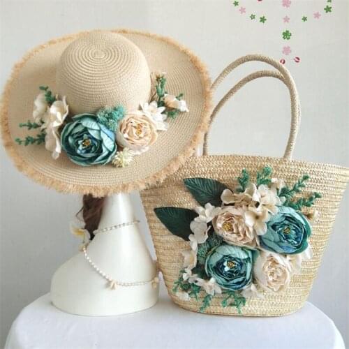 New Handmade Flower bag 2pcs/set Woven Handbags For Women Fashion unique Design Shoulder Bag Boho Female Straw Beach Bag