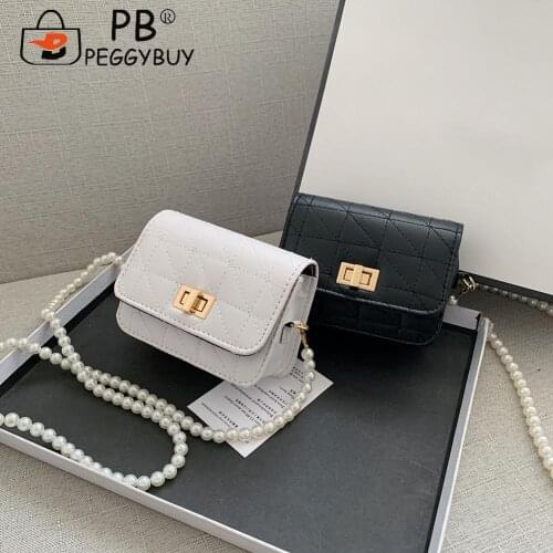 Women Lattice Pattern PU Messenger Bag Rerto Pearl Solid Color Mini Flap Purse Pearl Beaded Shoulder Belt Design