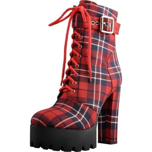 Richealnana Womens Round Toe Platform Red Plaid Ankle Booties Buckle Strap Chunky Heel Lace Up Side Zipper Booties