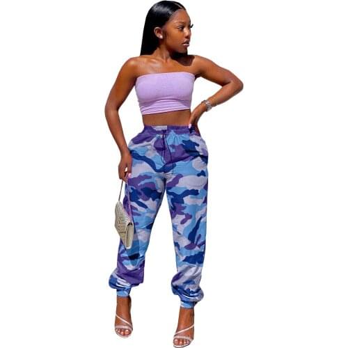 Women Stacked Sweatpants Camo Drawstring Loose Jogger Trousers Polyester Camouflage Print Streetwear 2020 Cargo Pants Overalls